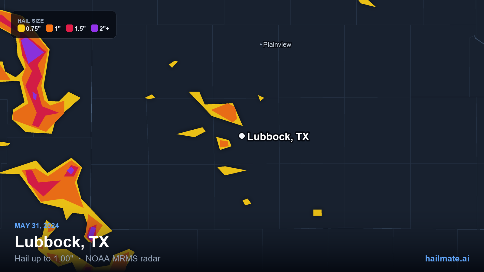 Hail swath map for Lubbock, TX on May 31, 2024 showing 1.00 inch hail.