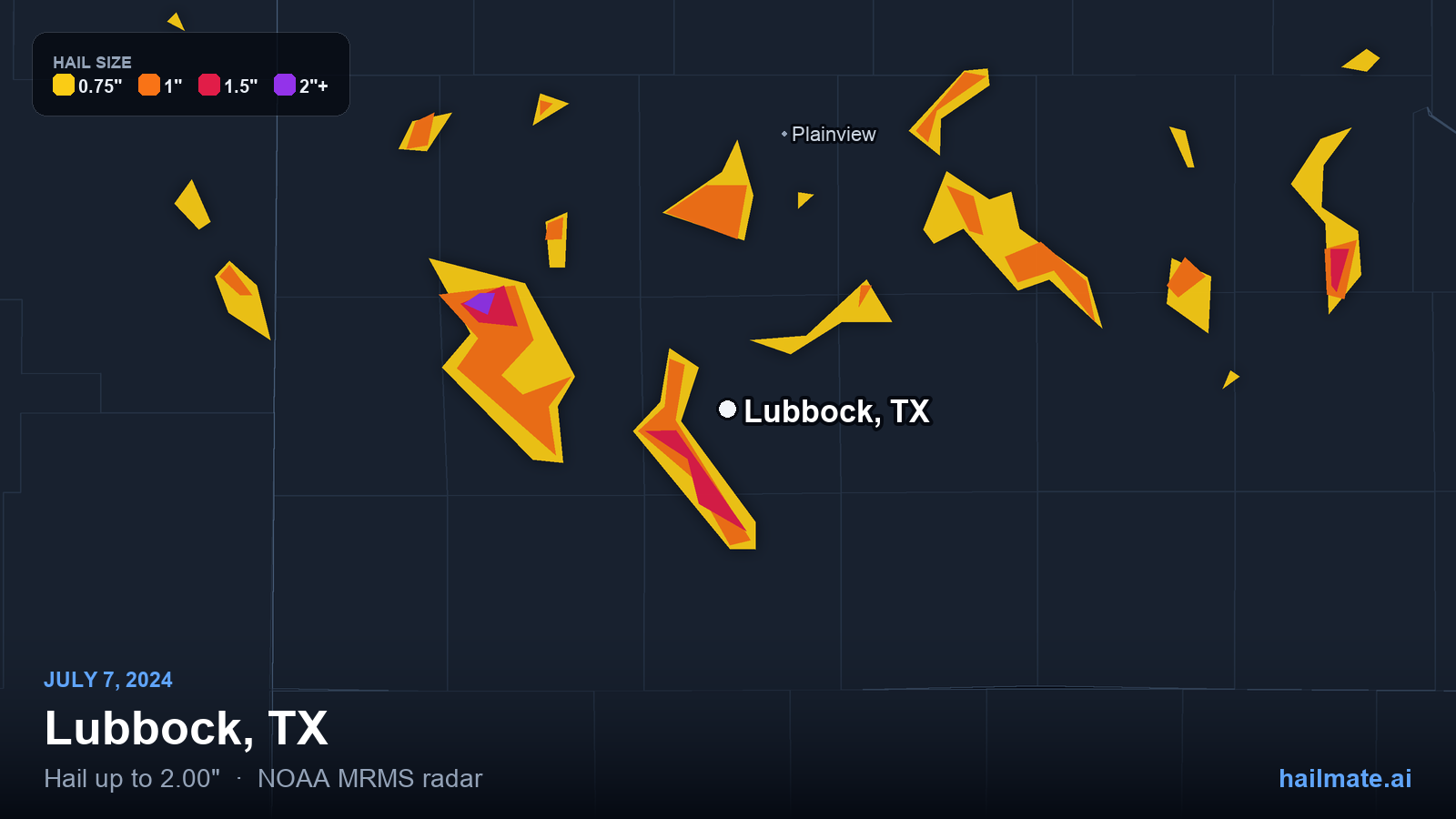 Hail swath map for Lubbock, TX on July 7, 2024 showing 2.00 inch hail.