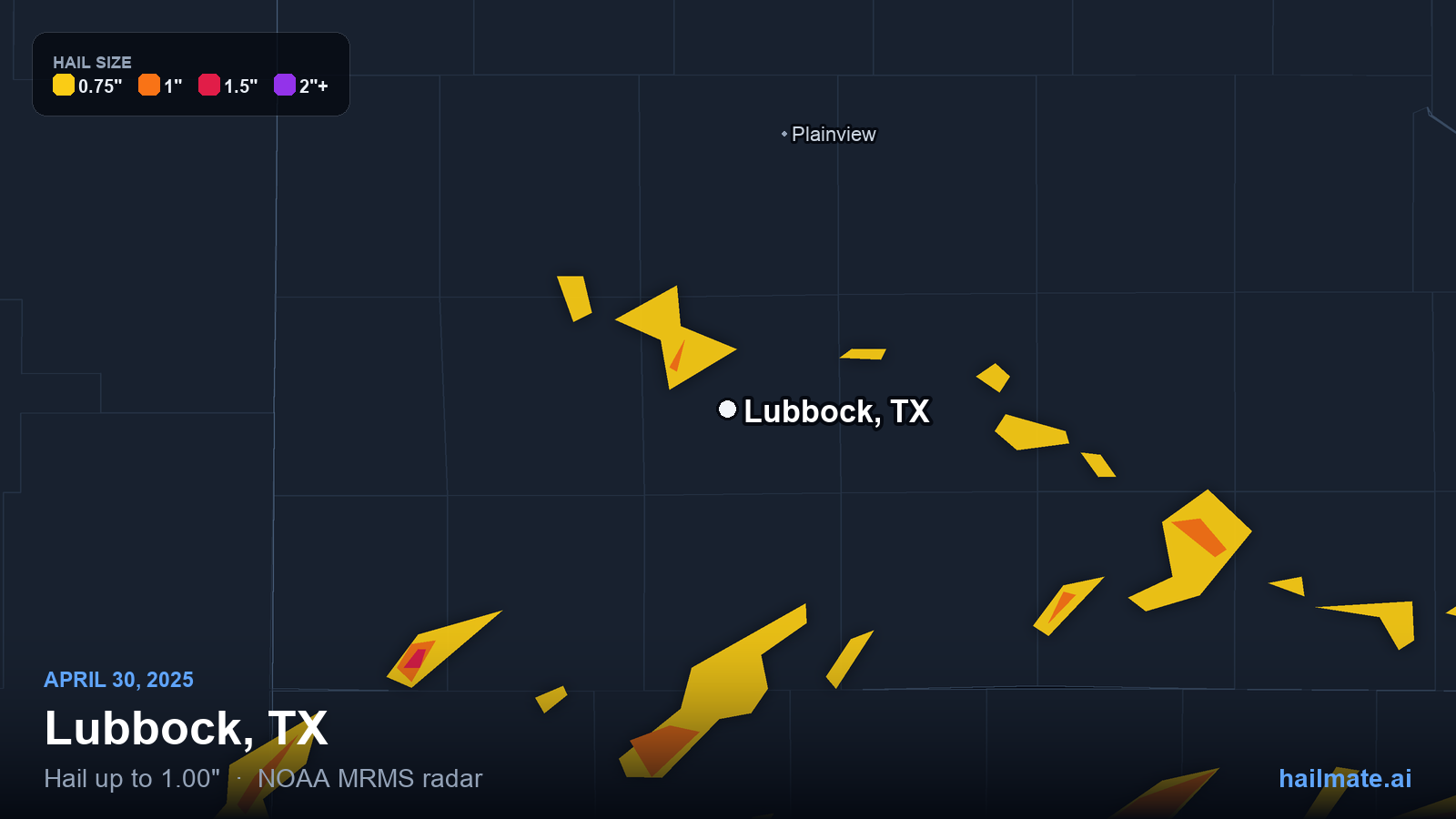 Hail swath map for Lubbock, TX on April 30, 2025 showing 1.00 inch hail.