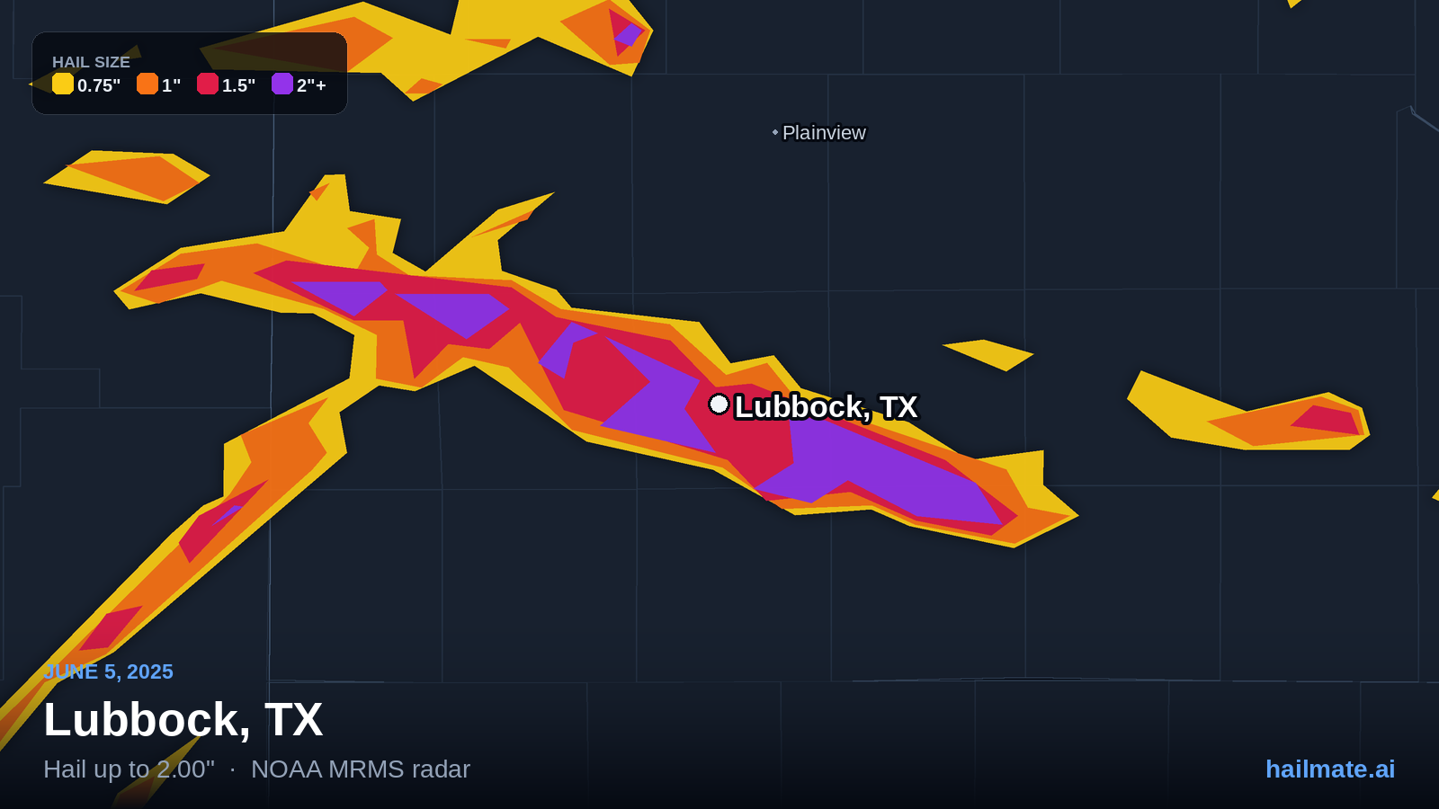 Hail swath map for Lubbock, TX on June 5, 2025 showing 2.00 inch hail.