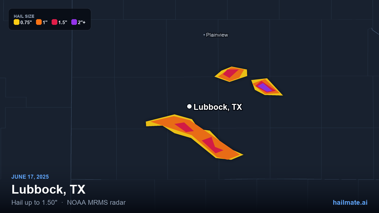 Hail swath map for Lubbock, TX on June 17, 2025 showing 1.50 inch hail.