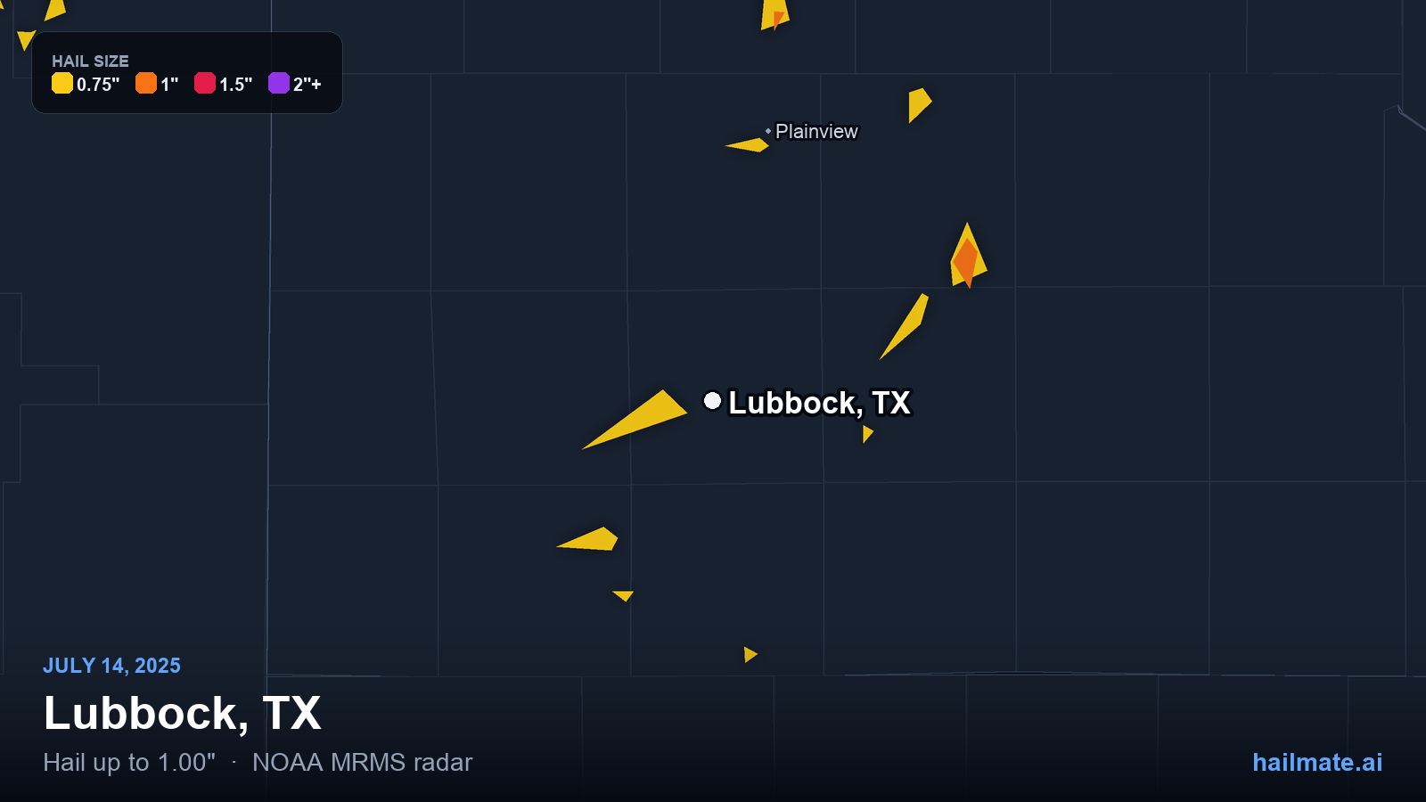 Hail swath map for Lubbock, TX on July 14, 2025 showing 1.00 inch hail.