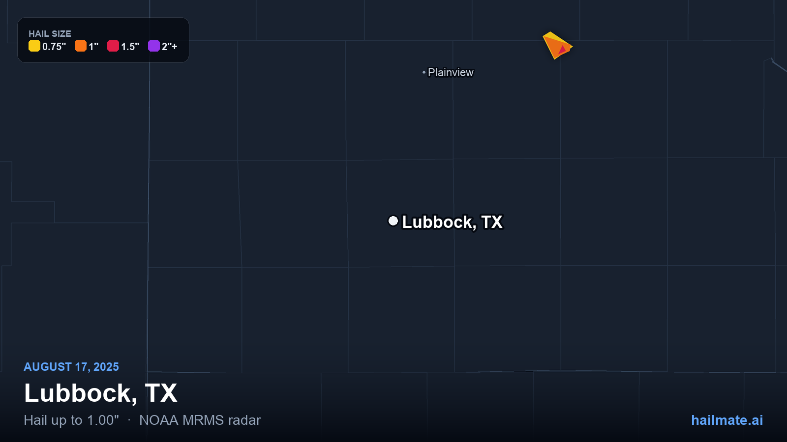 Hail swath map for Lubbock, TX on August 17, 2025 showing 1.00 inch hail.