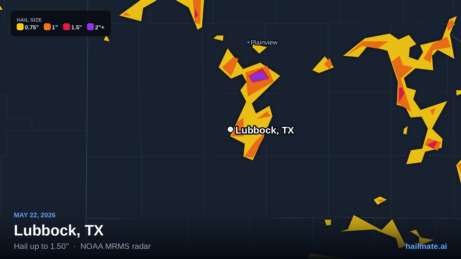 Hail swath map for Lubbock, TX on May 22, 2026 showing 1.50 inch hail.