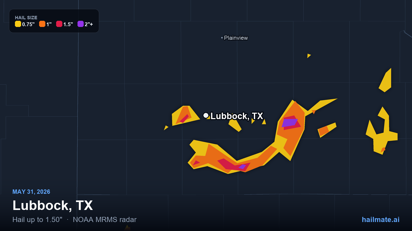 Hail swath map for Lubbock, TX on May 31, 2026 showing 1.50 inch hail.