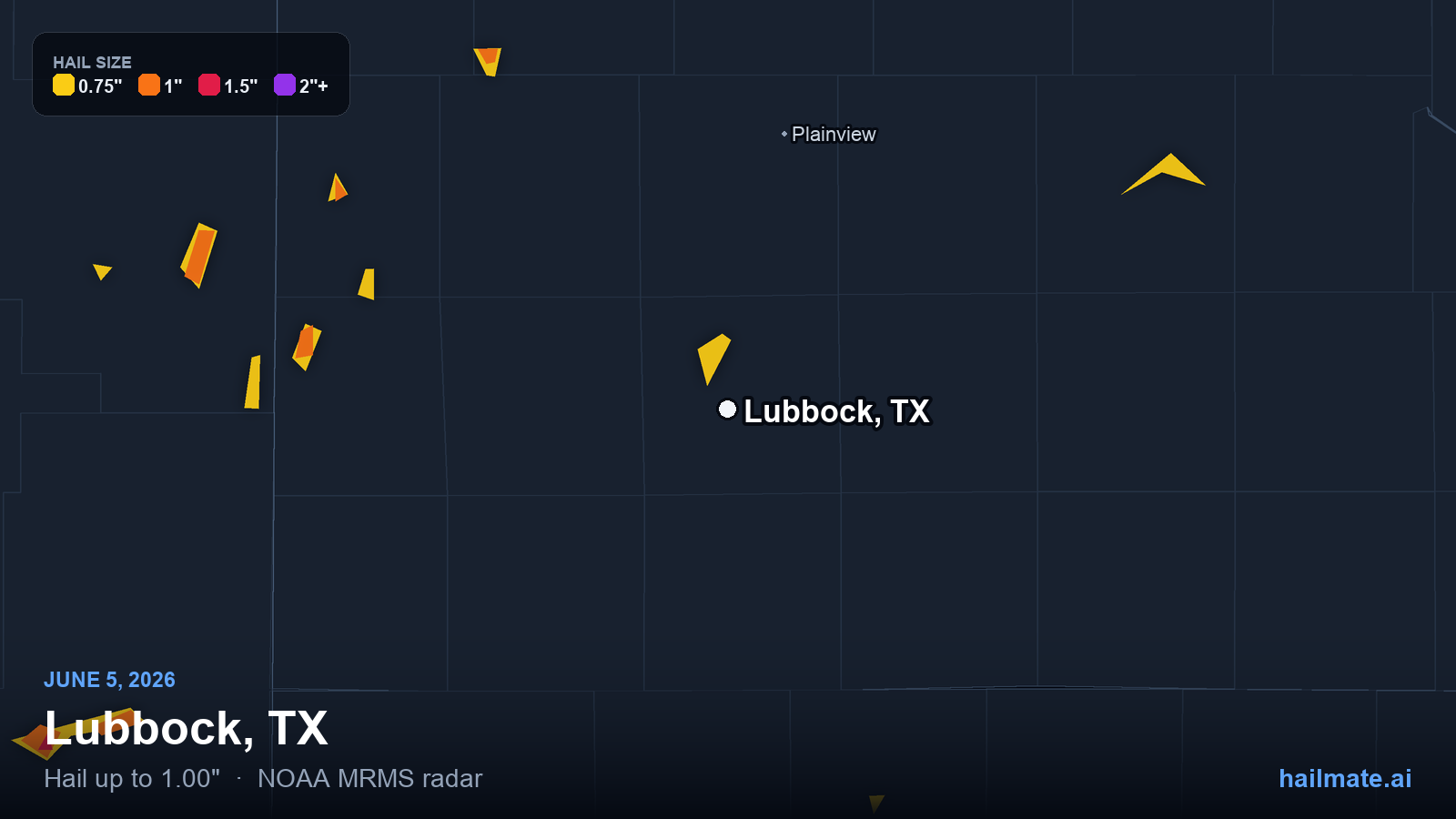 Hail swath map for Lubbock, TX on June 5, 2026 showing 1.00 inch hail.