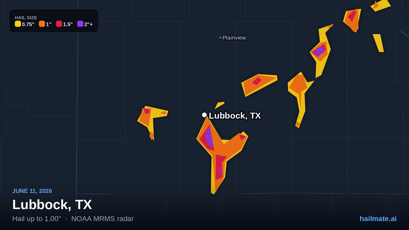 Hail swath map for Lubbock, TX on June 11, 2026 showing 1.00 inch hail.