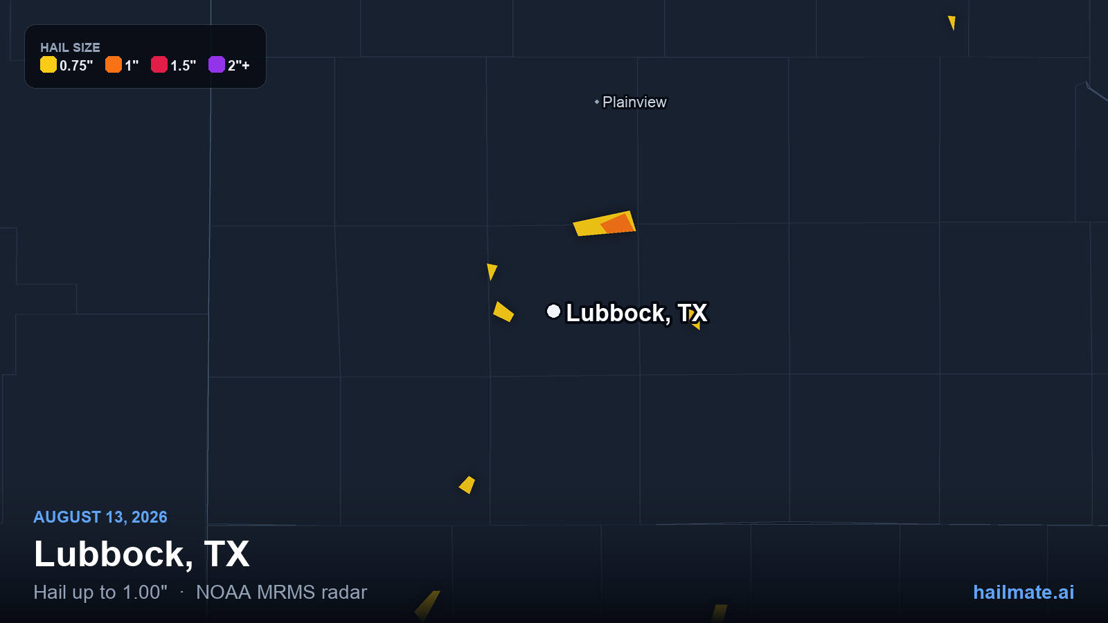 Hail swath map for Lubbock, TX on August 13, 2026 showing 1.00 inch hail.