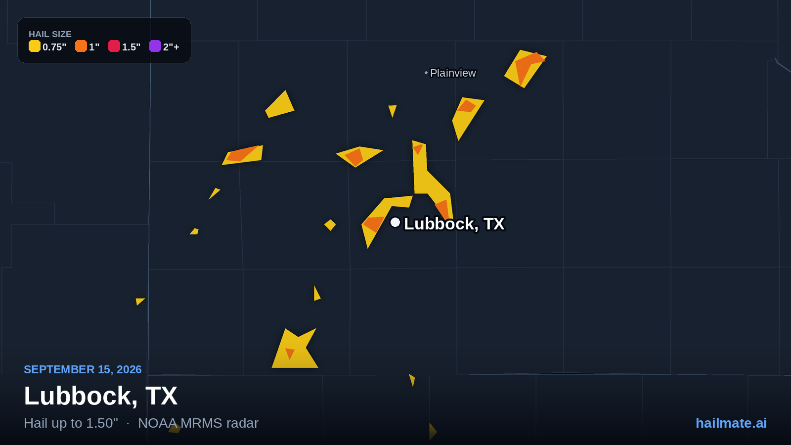 Hail swath map for Lubbock, TX on September 15, 2026 showing 1.50 inch hail.