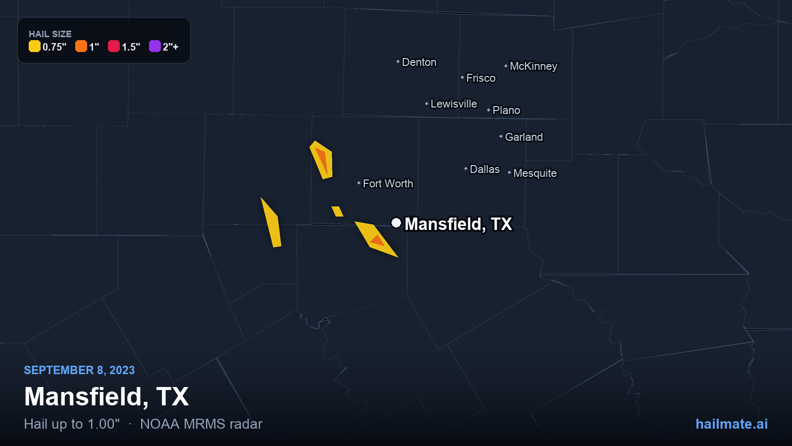 Hail swath map for Mansfield, TX on September 8, 2023 showing 1.00 inch hail.