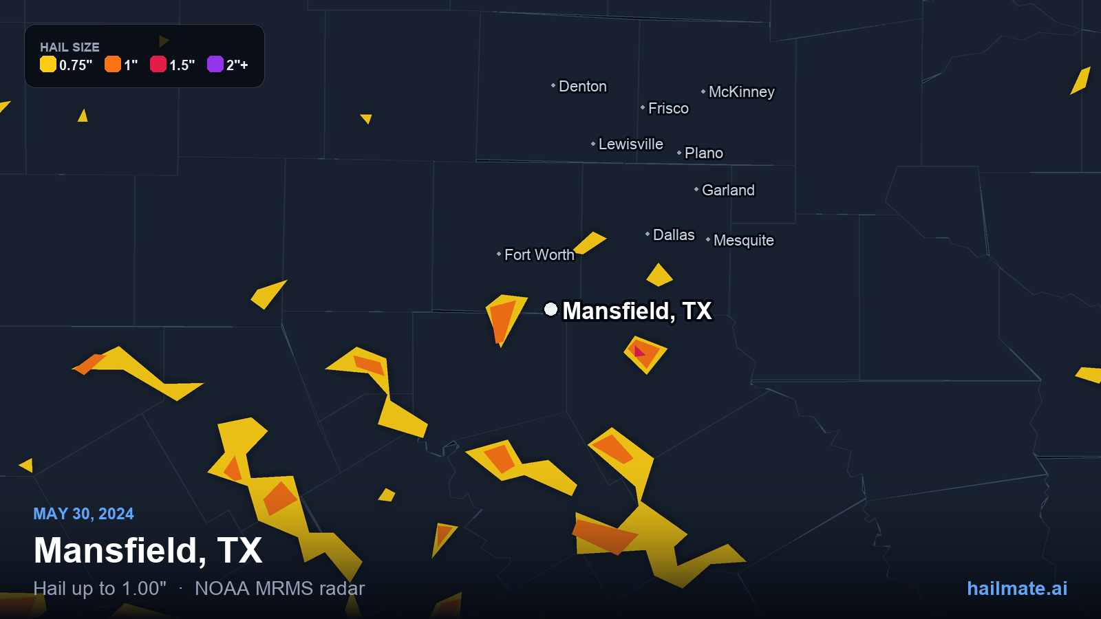 Hail swath map for Mansfield, TX on May 30, 2024 showing 1.00 inch hail.