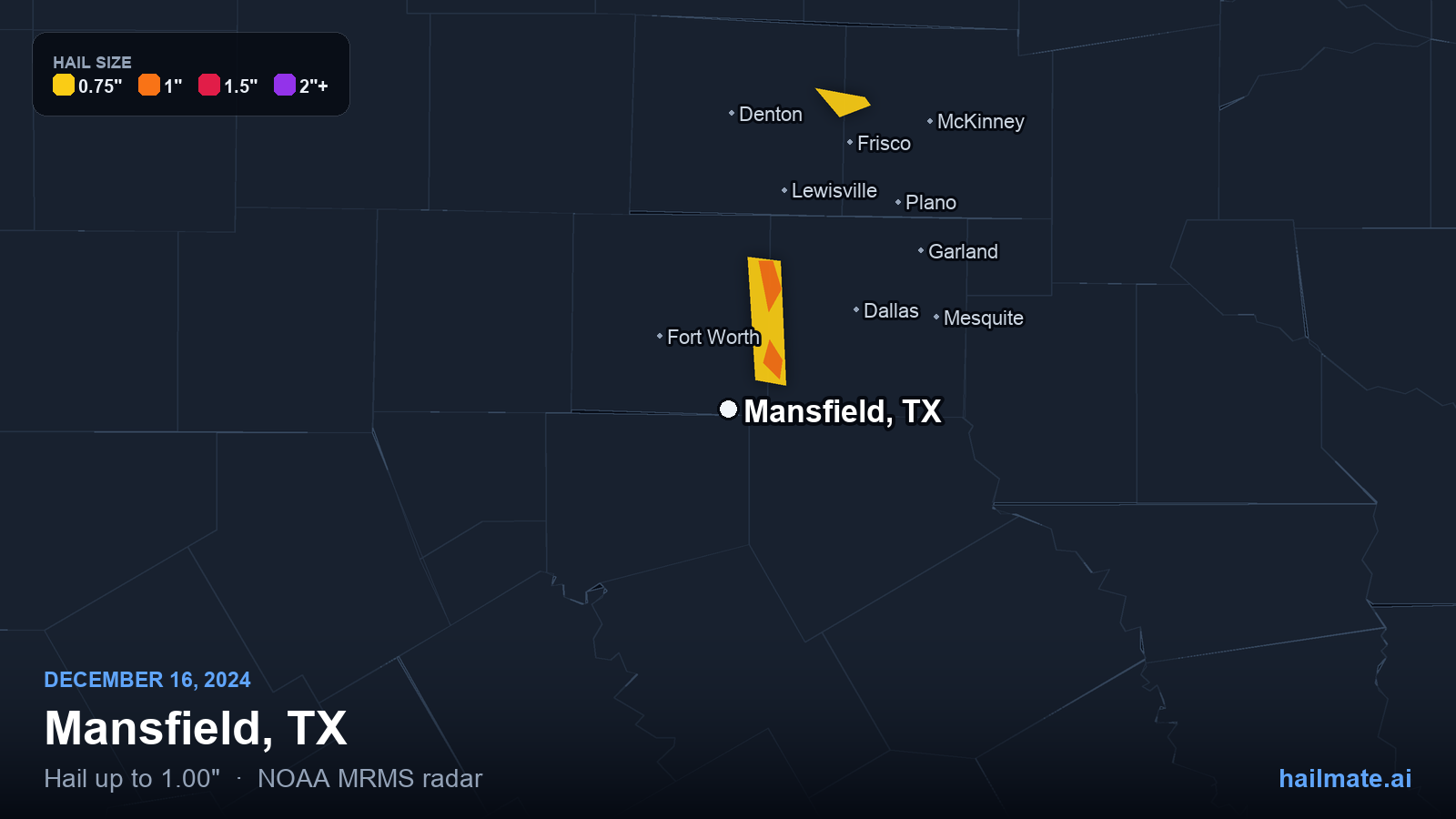 Hail swath map for Mansfield, TX on December 16, 2024 showing 1.00 inch hail.