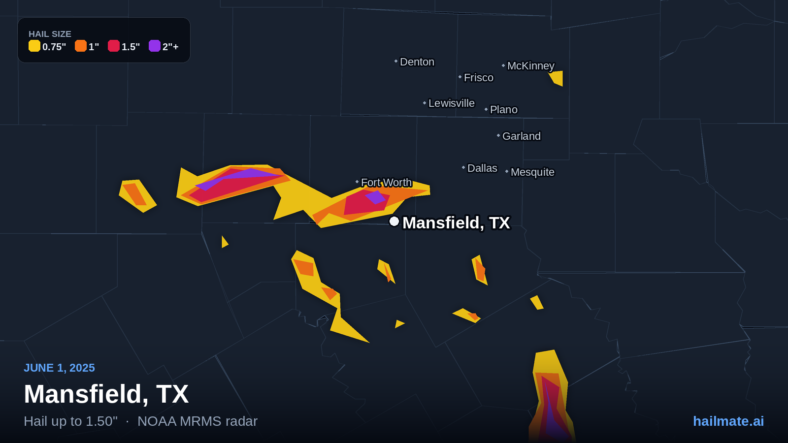Hail swath map for Mansfield, TX on June 1, 2025 showing 1.50 inch hail.