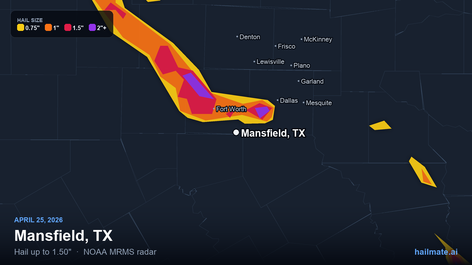 Hail swath map for Mansfield, TX on April 25, 2026 showing 1.50 inch hail.