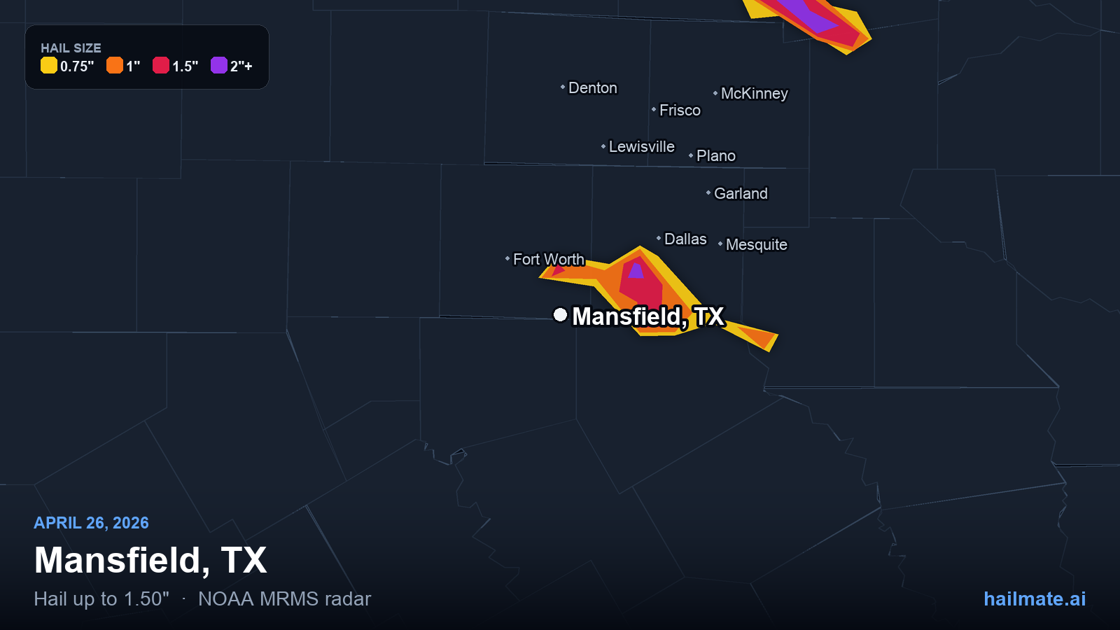 Hail swath map for Mansfield, TX on April 26, 2026 showing 1.50 inch hail.