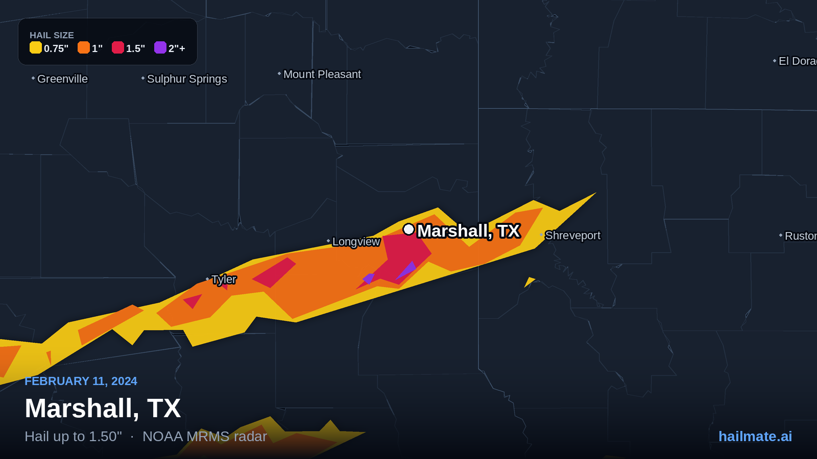 Hail swath map for Marshall, TX on February 11, 2024 showing 1.50 inch hail.