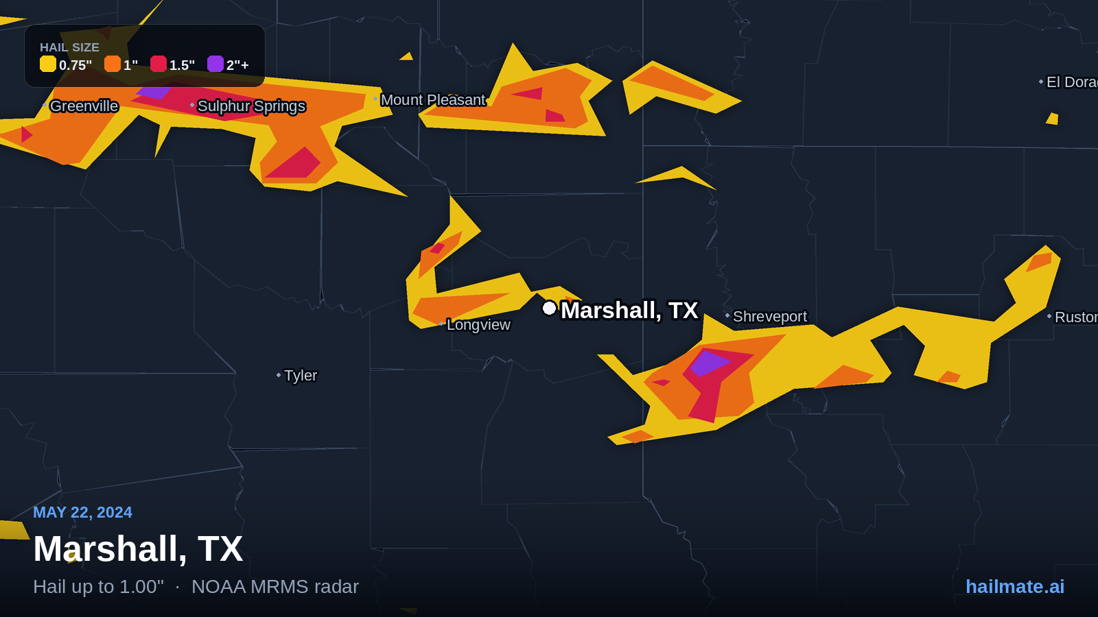 Hail swath map for Marshall, TX on May 22, 2024 showing 1.00 inch hail.