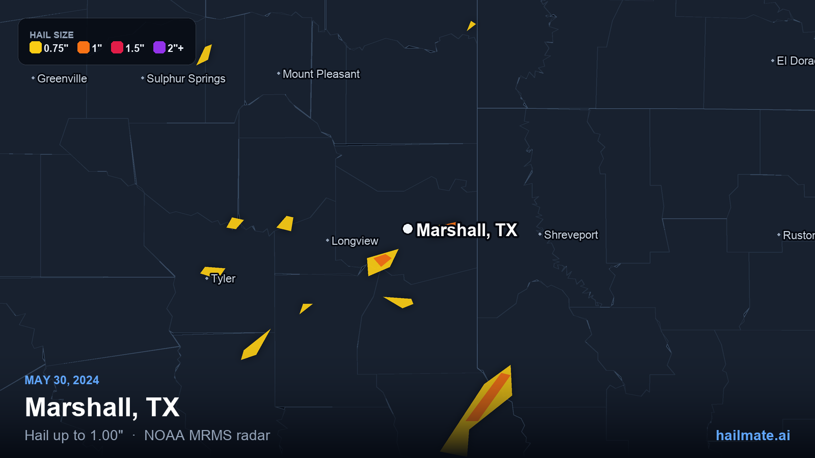 Hail swath map for Marshall, TX on May 30, 2024 showing 1.00 inch hail.