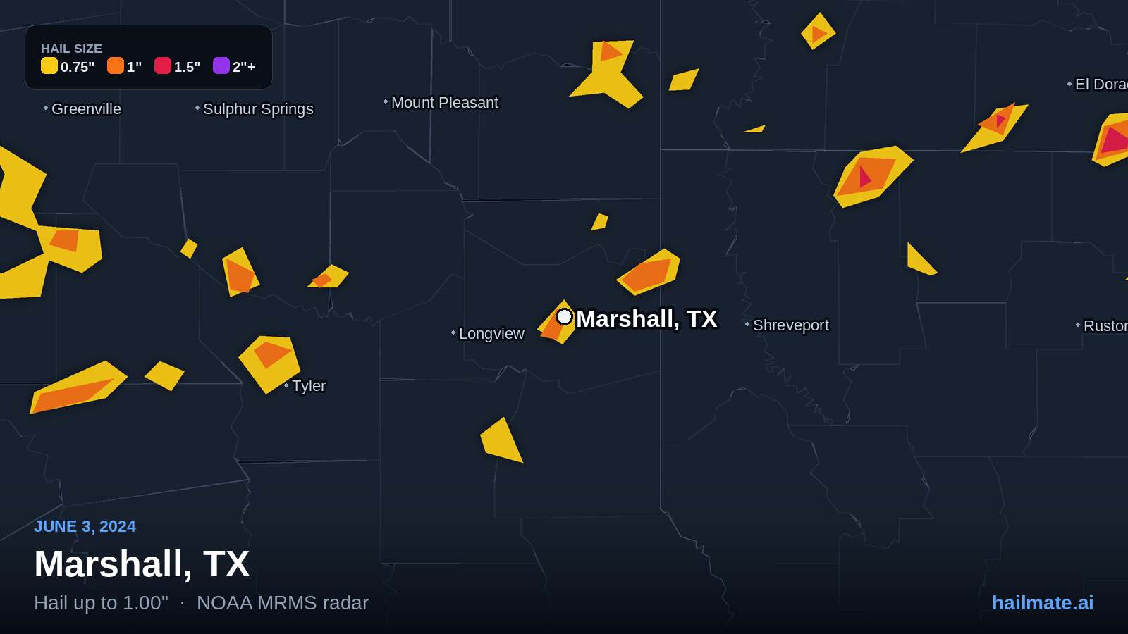Hail swath map for Marshall, TX on June 3, 2024 showing 1.00 inch hail.