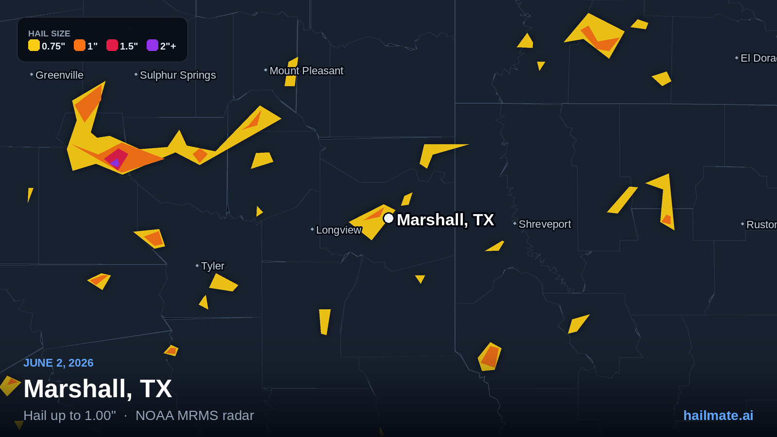 Hail swath map for Marshall, TX on June 2, 2026 showing 1.00 inch hail.