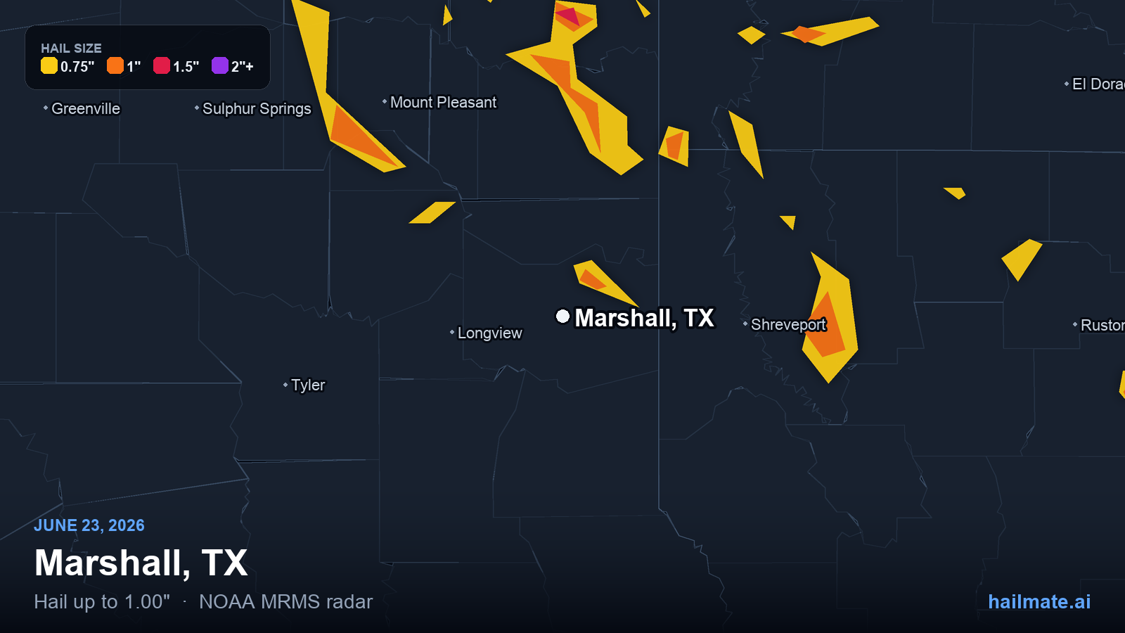 Hail swath map for Marshall, TX on June 23, 2026 showing 1.00 inch hail.