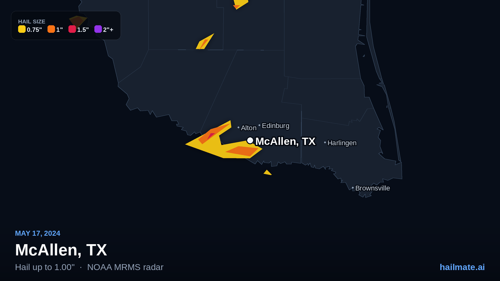 Hail swath map for McAllen, TX on May 17, 2024 showing 1.00 inch hail.
