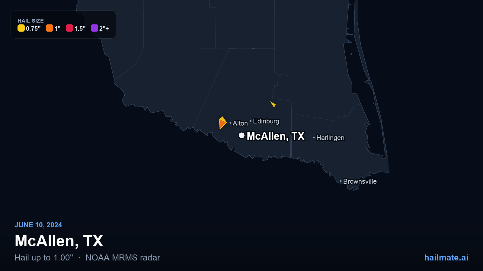 Hail swath map for McAllen, TX on June 10, 2024 showing 1.00 inch hail.