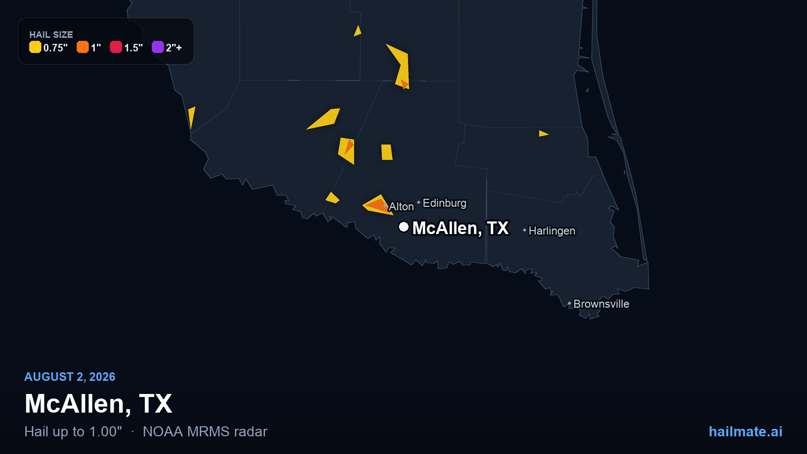 Hail swath map for McAllen, TX on August 2, 2026 showing 1.00 inch hail.