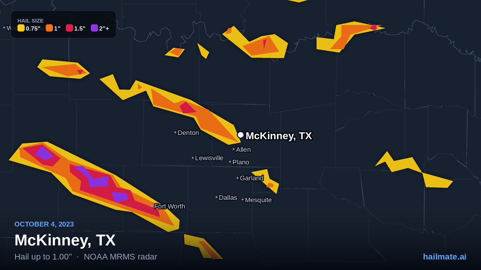 Hail swath map for McKinney, TX on October 4, 2023 showing 1.00 inch hail.