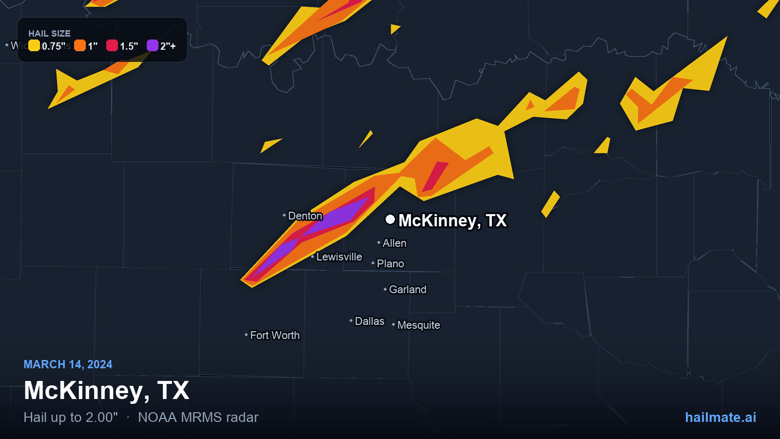 Hail swath map for McKinney, TX on March 14, 2024 showing 2.00 inch hail.