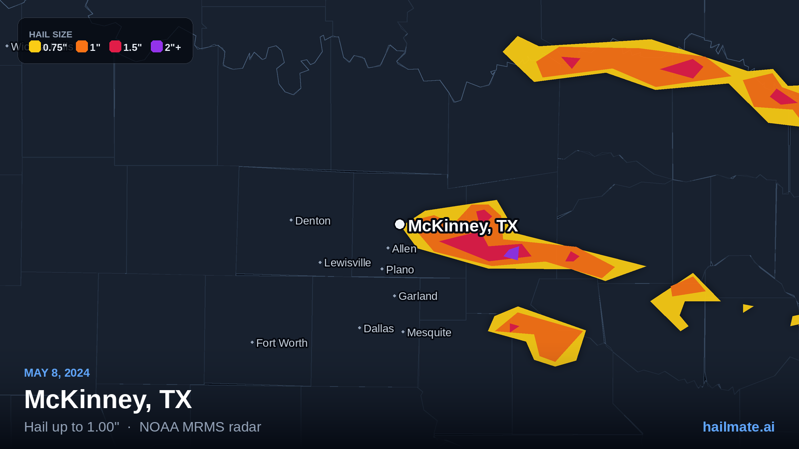Hail swath map for McKinney, TX on May 8, 2024 showing 1.00 inch hail.