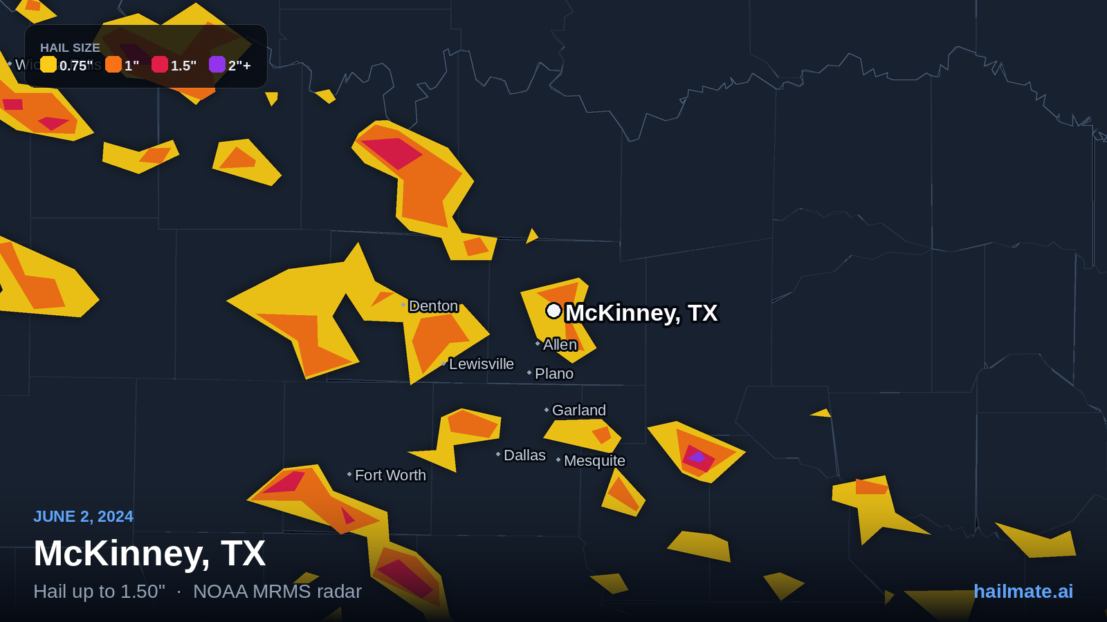 Hail swath map for McKinney, TX on June 2, 2024 showing 1.50 inch hail.