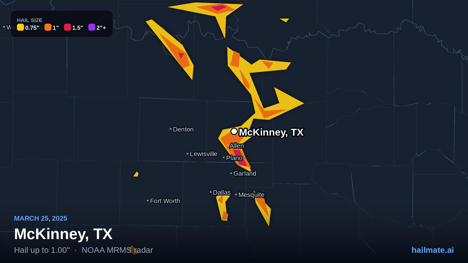 Hail swath map for McKinney, TX on March 25, 2025 showing 1.00 inch hail.