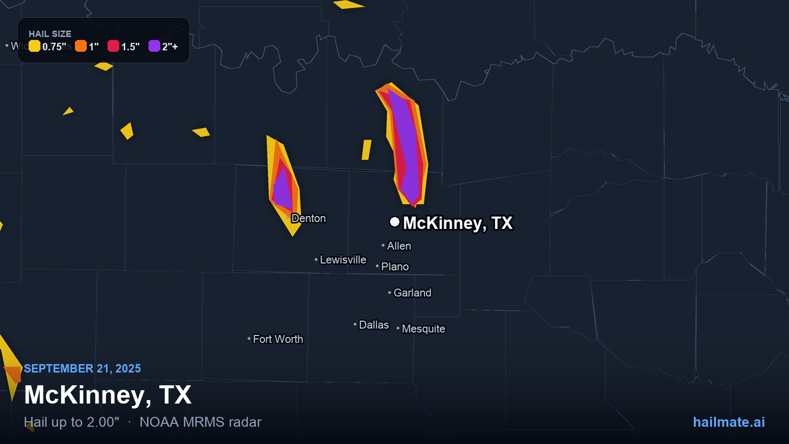 Hail swath map for McKinney, TX on September 21, 2025 showing 2.00 inch hail.