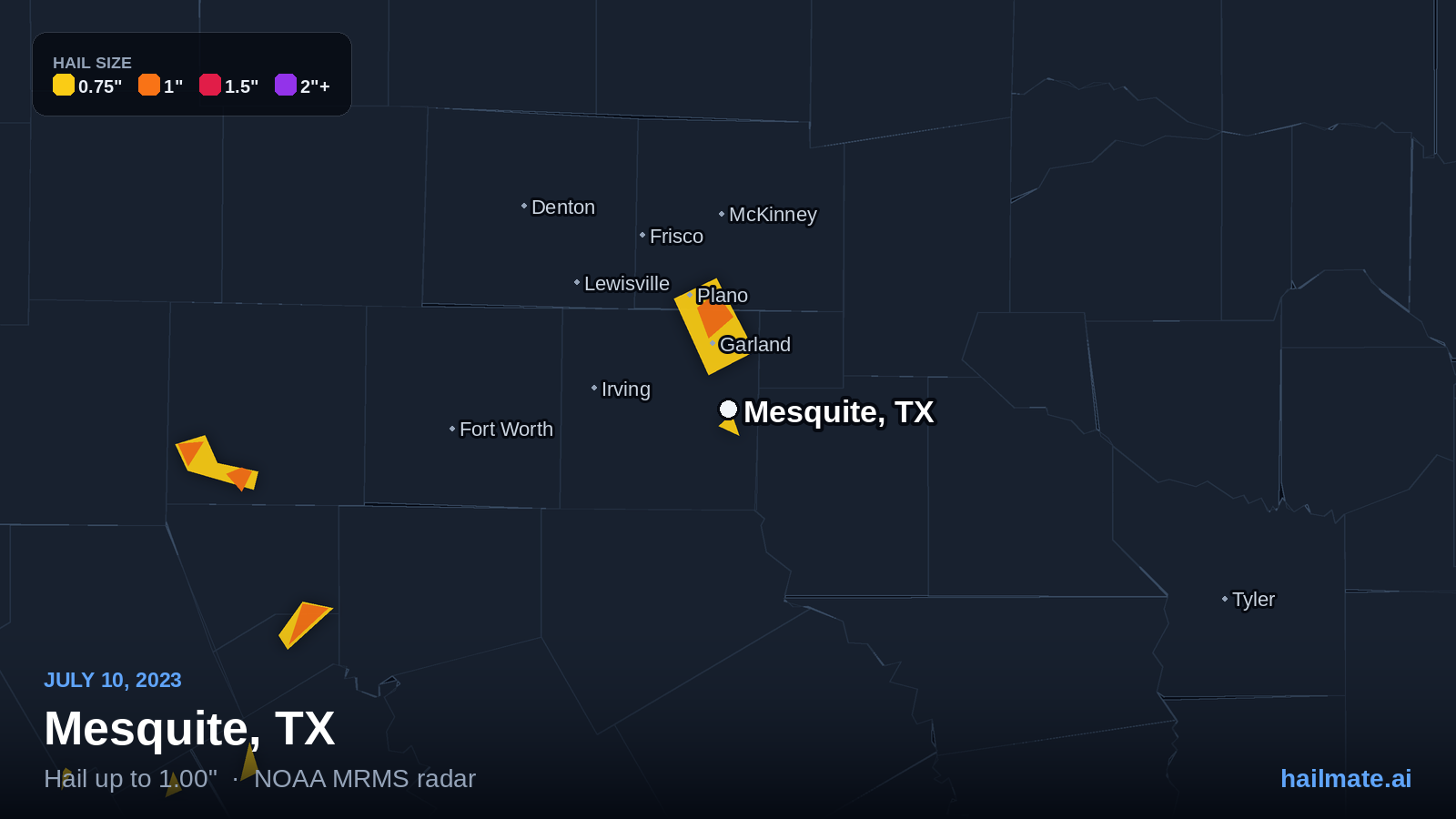 Hail swath map for Mesquite, TX on July 10, 2023 showing 1.00 inch hail.