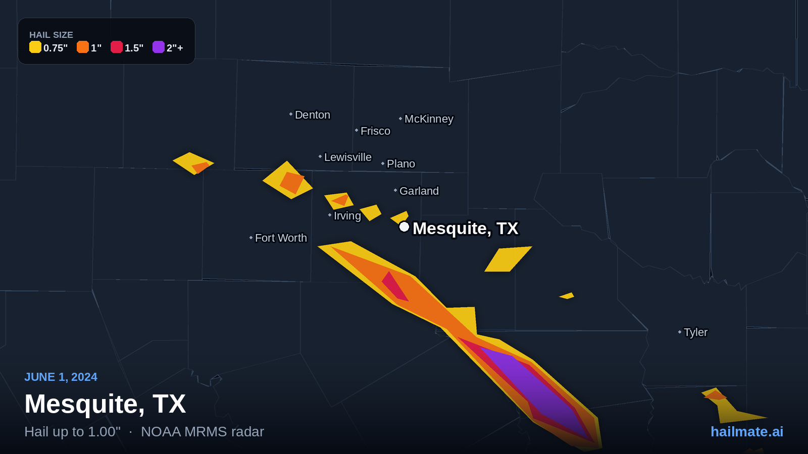 Hail swath map for Mesquite, TX on June 1, 2024 showing 1.00 inch hail.