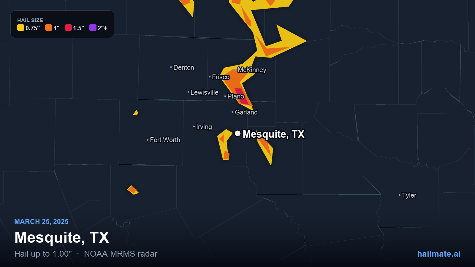 Hail swath map for Mesquite, TX on March 25, 2025 showing 1.00 inch hail.