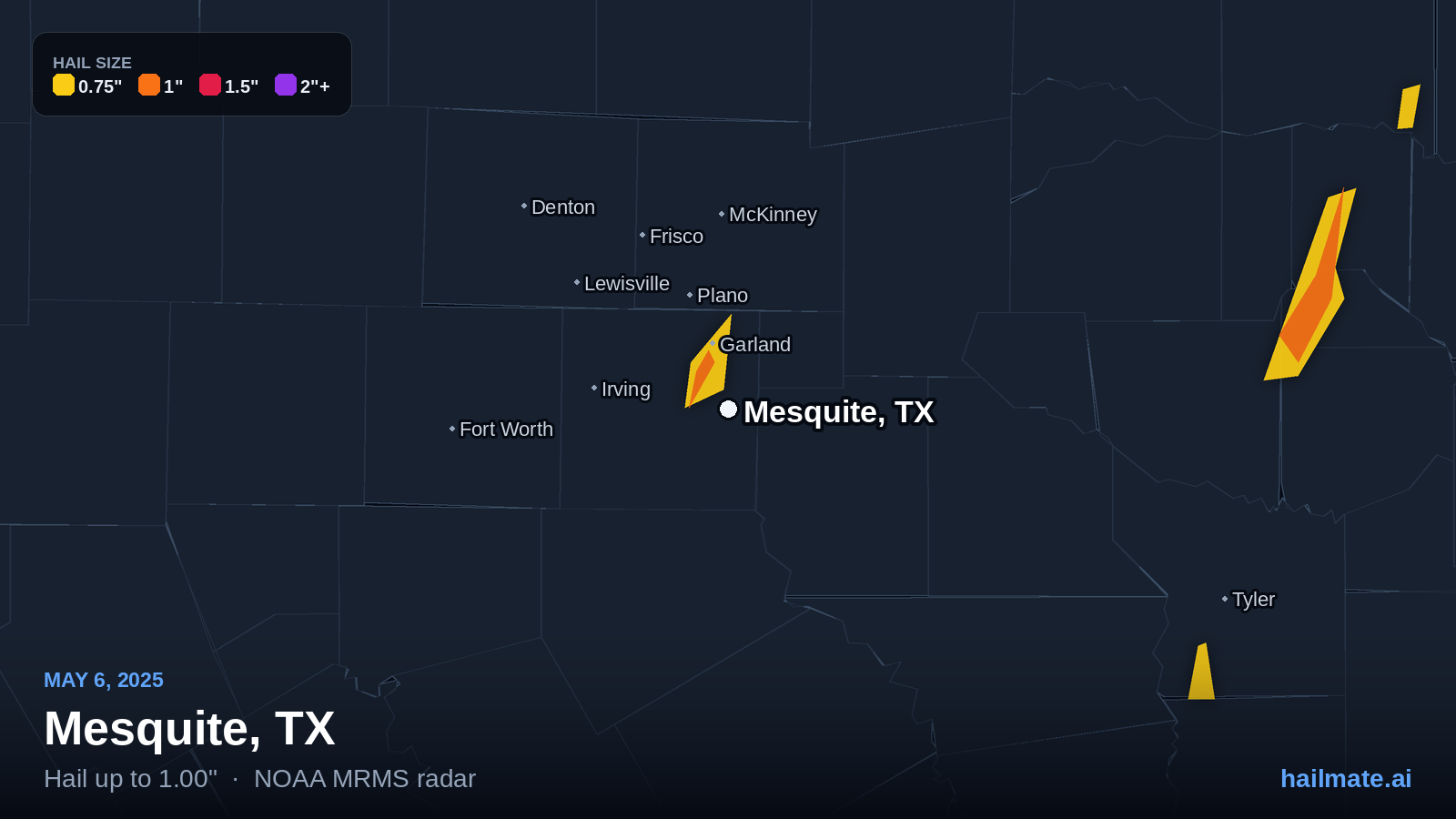 Hail swath map for Mesquite, TX on May 6, 2025 showing 1.00 inch hail.