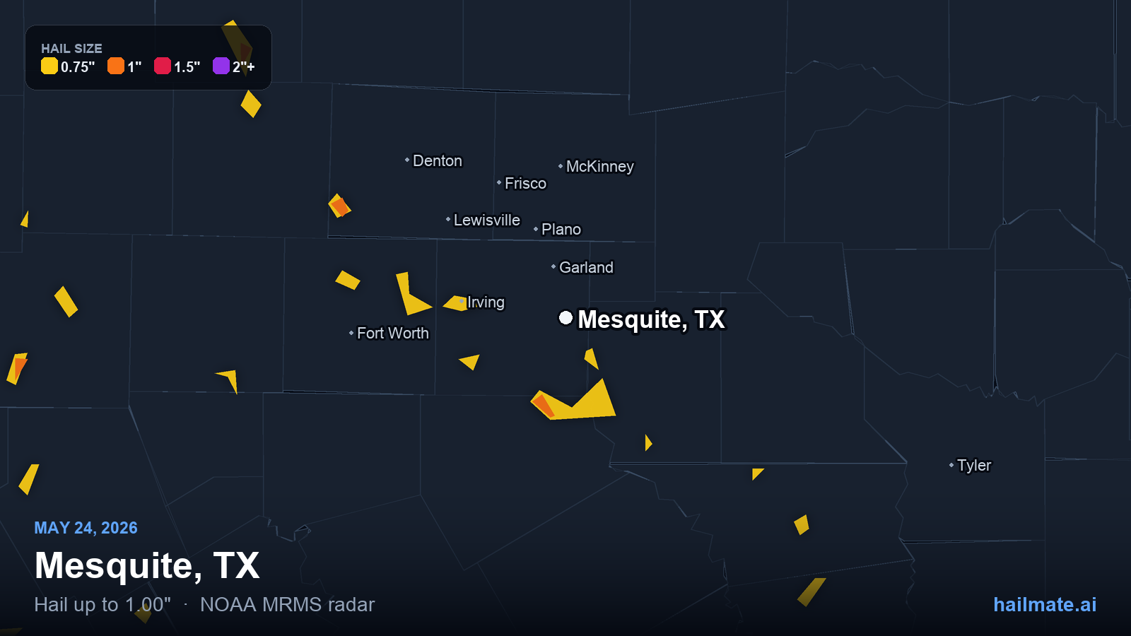 Hail swath map for Mesquite, TX on May 24, 2026 showing 1.00 inch hail.