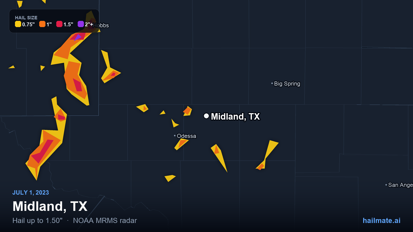Hail swath map for Midland, TX on July 1, 2023 showing 1.50 inch hail.