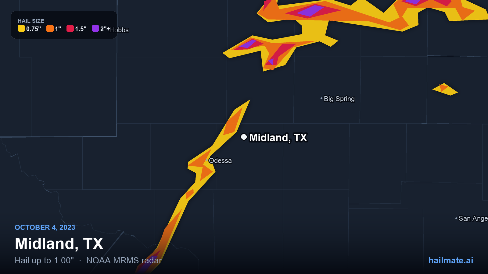 Hail swath map for Midland, TX on October 4, 2023 showing 1.00 inch hail.