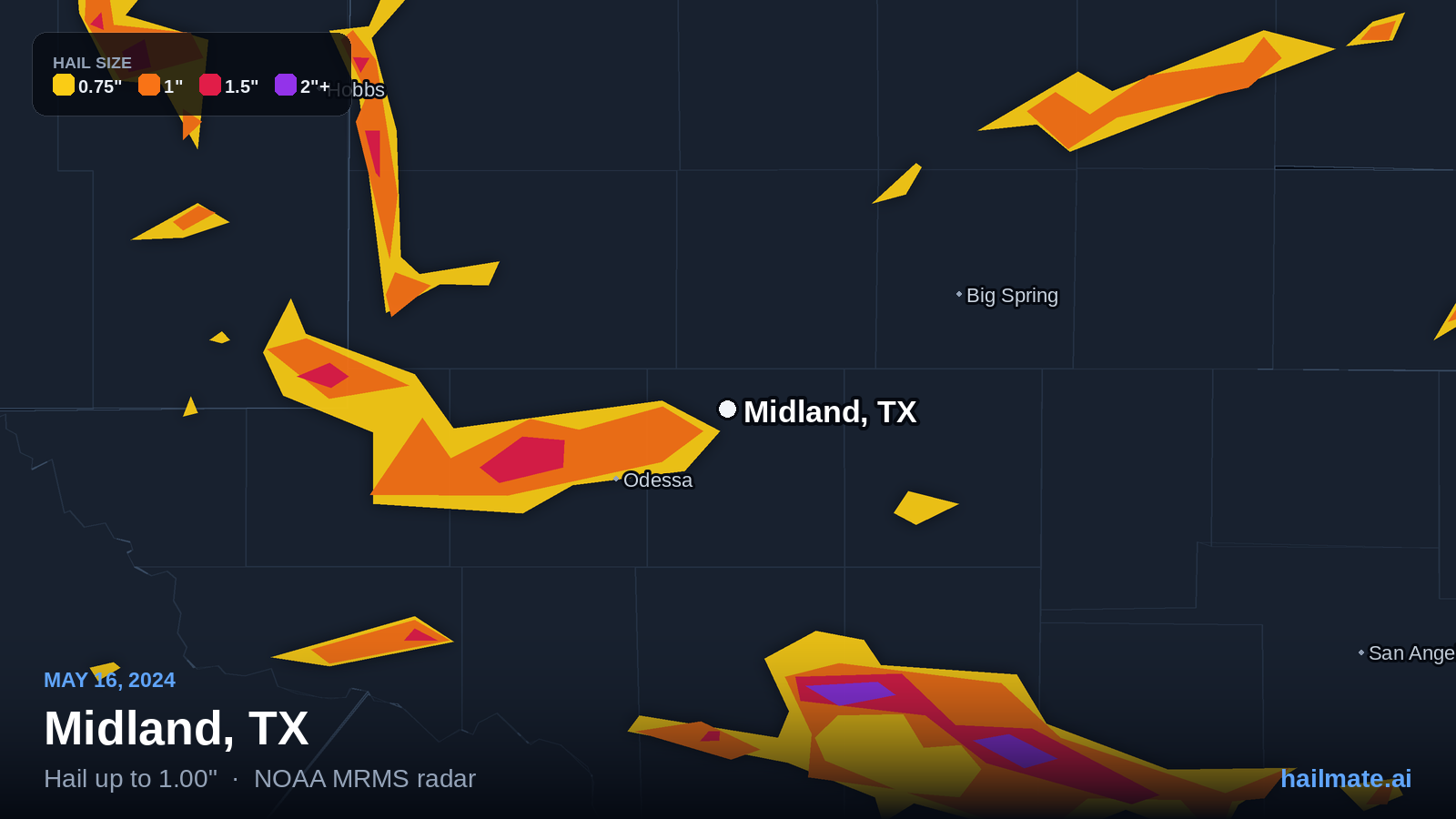 Hail swath map for Midland, TX on May 16, 2024 showing 1.00 inch hail.