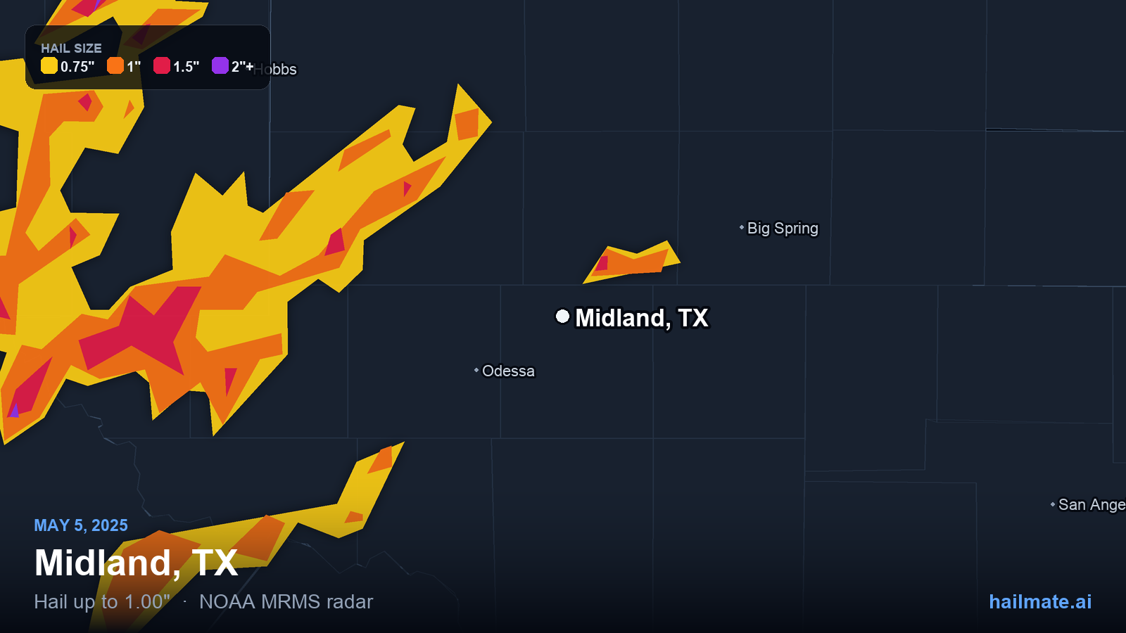 Hail swath map for Midland, TX on May 5, 2025 showing 1.00 inch hail.