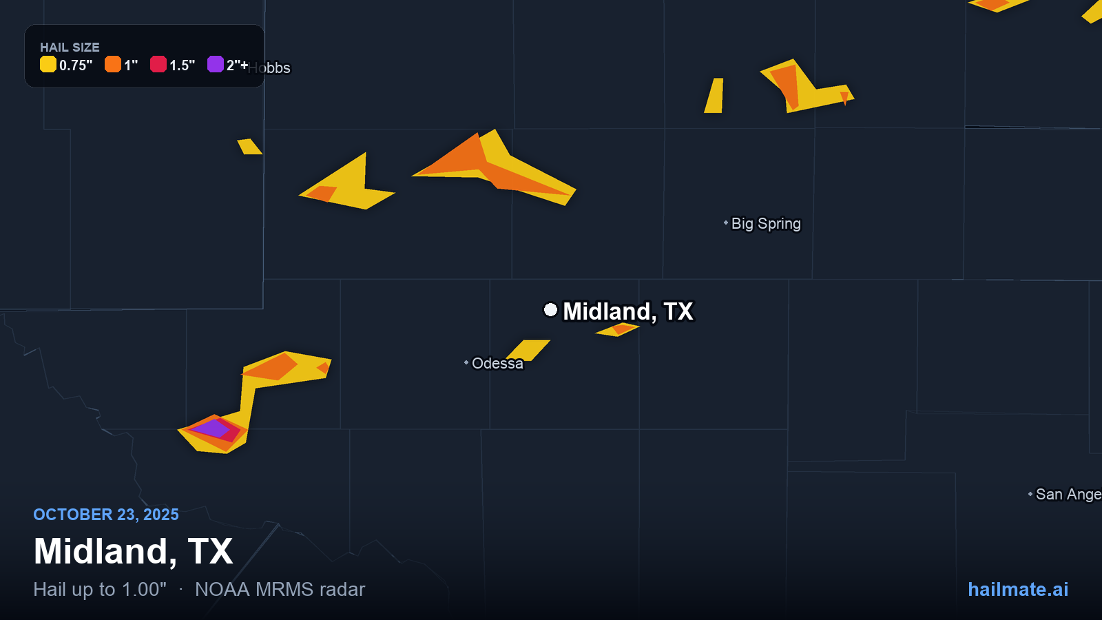 Hail swath map for Midland, TX on October 23, 2025 showing 1.00 inch hail.