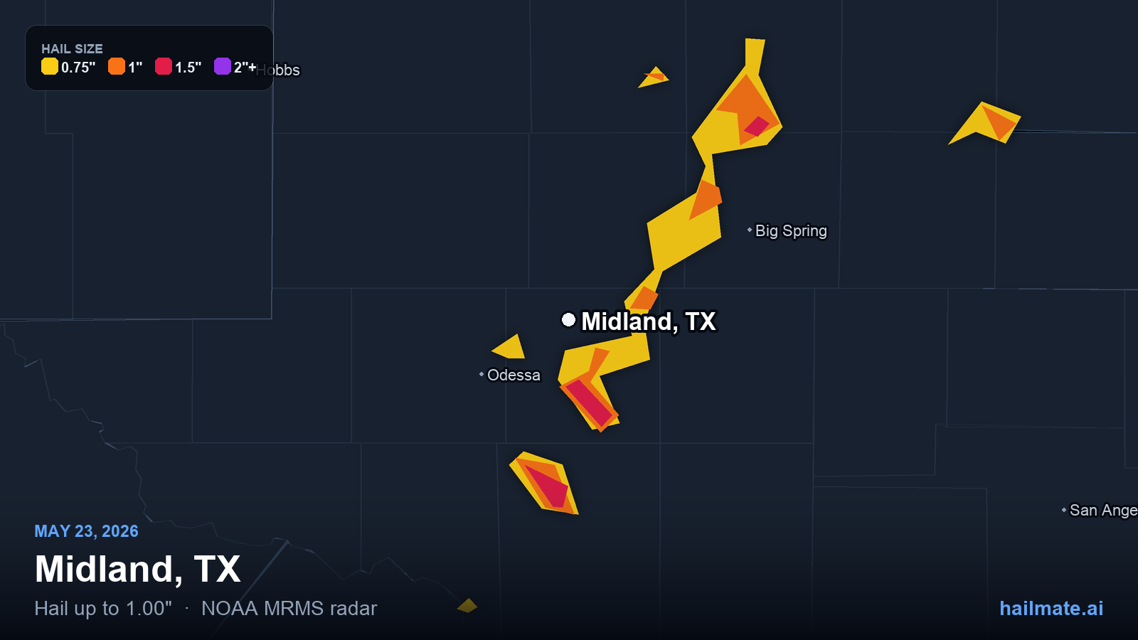 Hail swath map for Midland, TX on May 23, 2026 showing 1.00 inch hail.