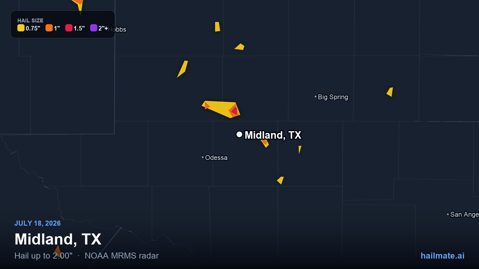 Hail swath map for Midland, TX on July 18, 2026 showing 2.00 inch hail.