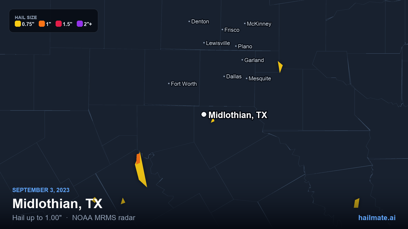 Hail swath map for Midlothian, TX on September 3, 2023 showing 1.00 inch hail.