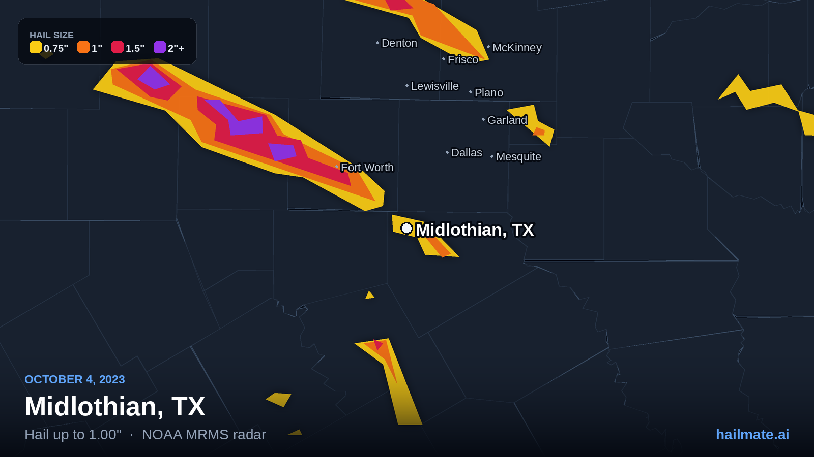 Hail swath map for Midlothian, TX on October 4, 2023 showing 1.00 inch hail.