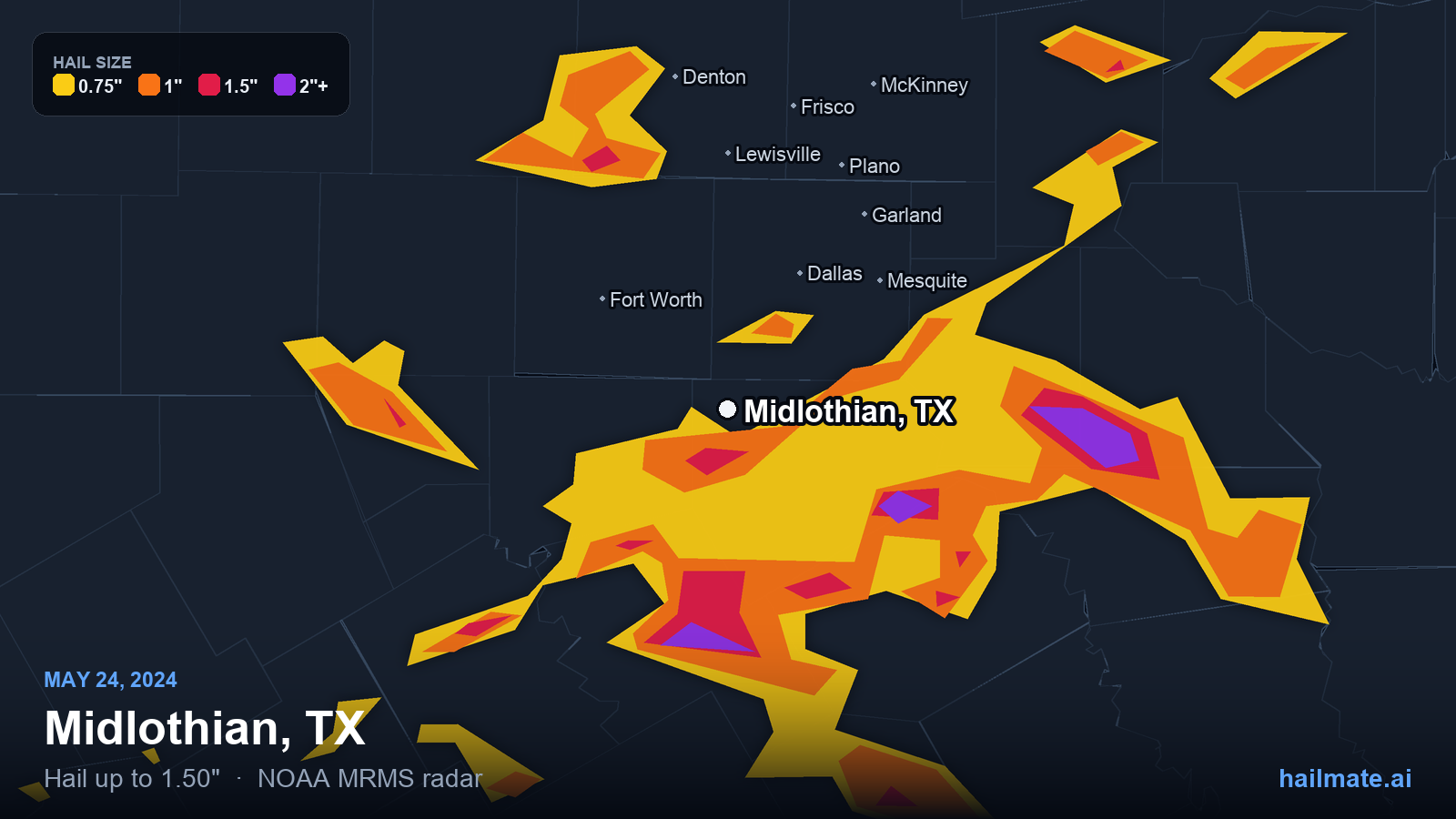 Hail swath map for Midlothian, TX on May 24, 2024 showing 1.50 inch hail.