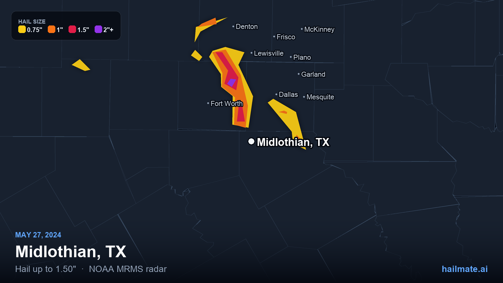 Hail swath map for Midlothian, TX on May 27, 2024 showing 1.50 inch hail.